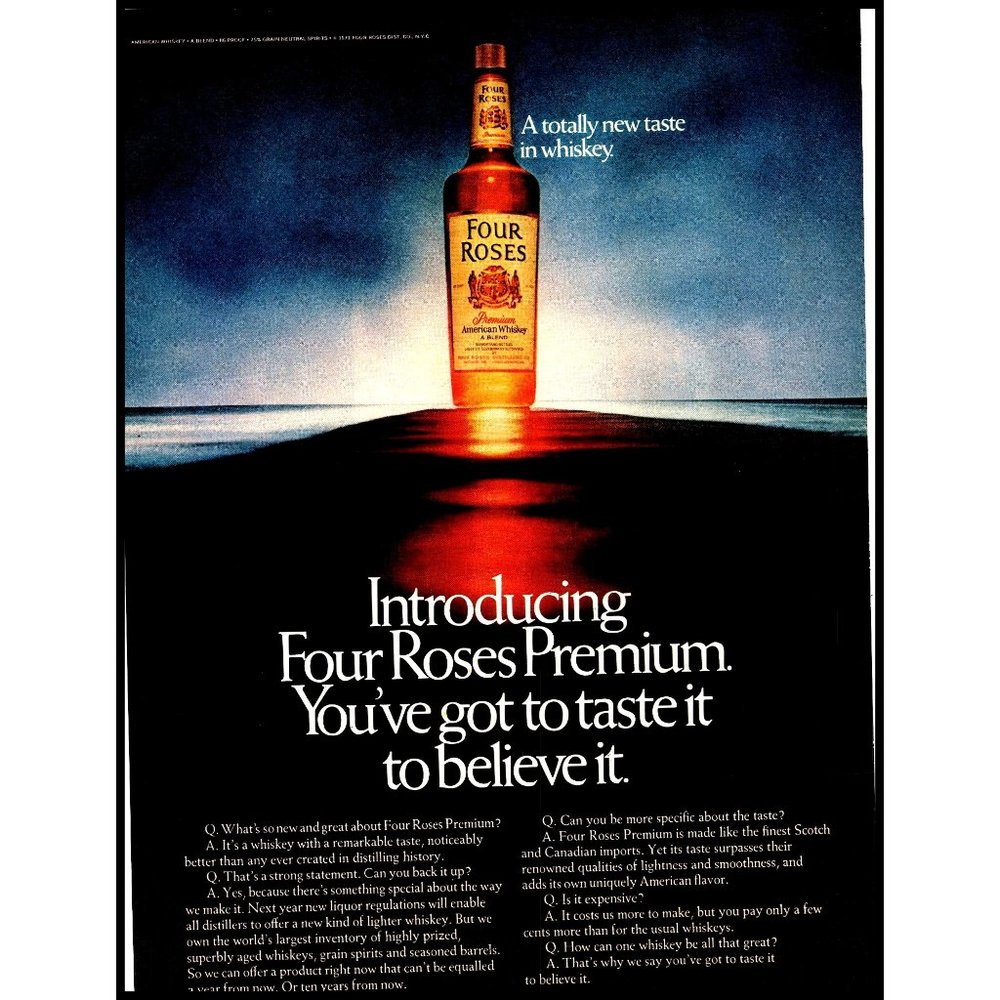 1971 Four Roses Premium Whiskey Vintage Print Ad Sunset Ocean Wall Art